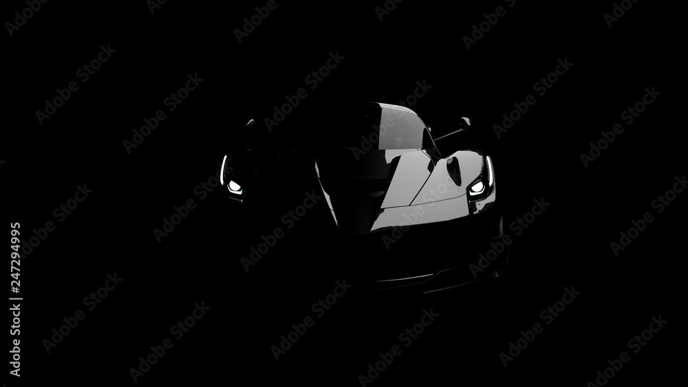 Naklejka premium sylwetka czarnego supersamochodu z reflektorami na czarnym tle, renderowanie 3d, ogólny projekt, niemarkowe