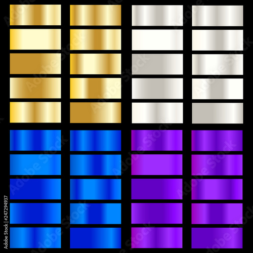 Golden, silver, blue, purple gradient. Collection of colorful gradients with  glossy metal texture for design of covers, banners, posters and other creative projects.