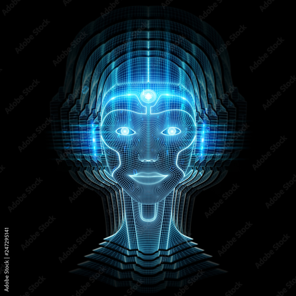 Obraz premium Robot cyborg head artificial intelligence learning 3D rendering
