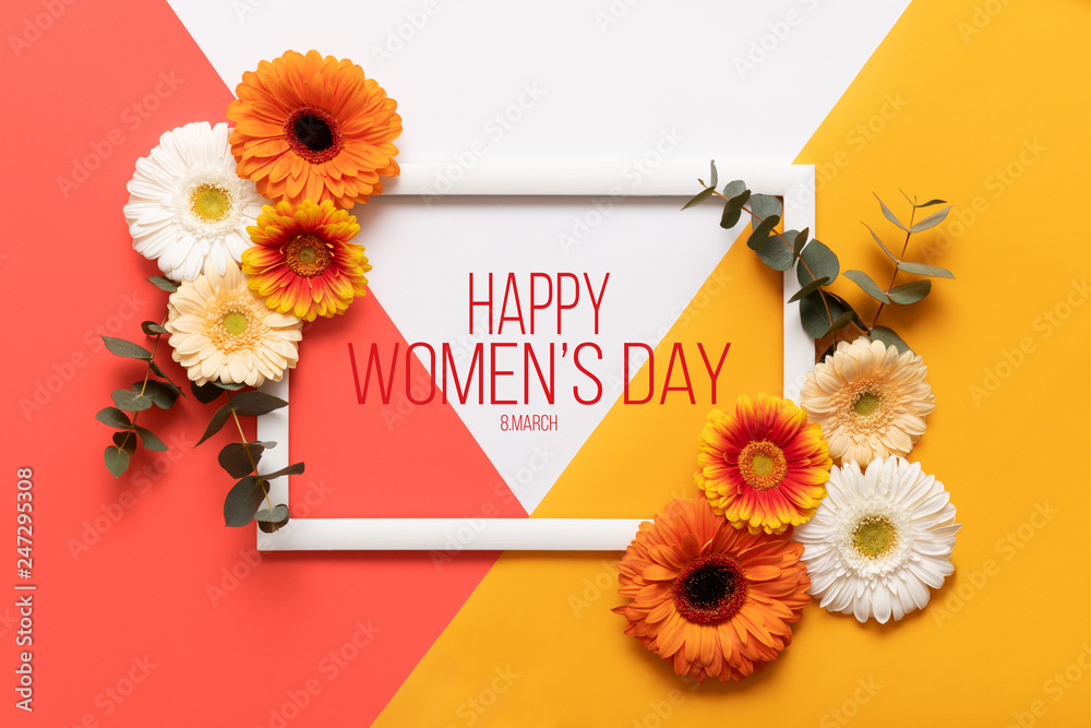 Happy Women's day Living Coral Pantone Color Background. Coral flat lay greeting card template with beautiful gerbera flowers. - obrazy, fototapety, plakaty 