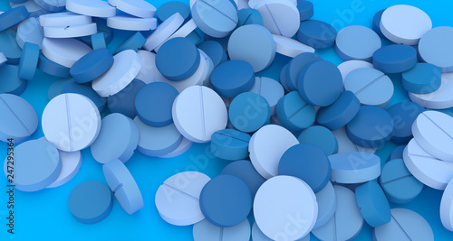 many blue pills scattered on the blue floor close up  3d illustration