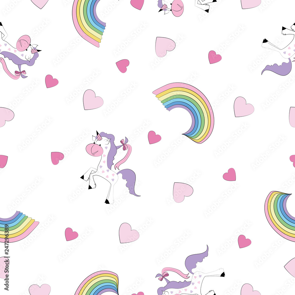 Cute seamless unicorn pattern with rainbow. Textile graphic t-shirt print. Hand drawn unicorns background. Vector illustration. 