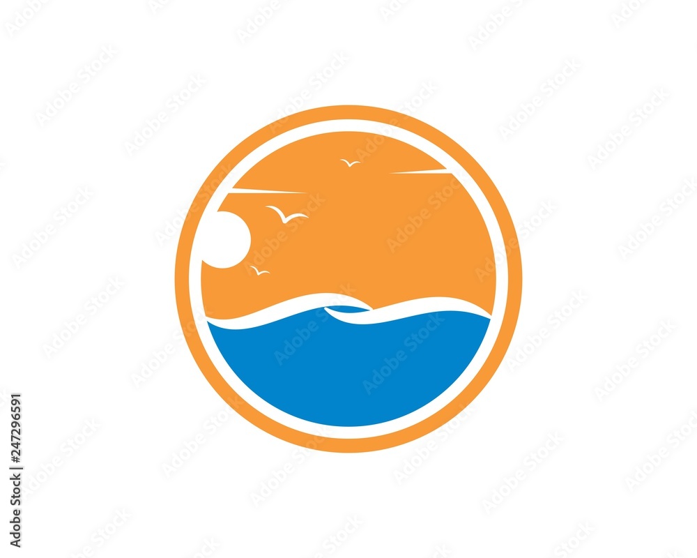 wave sun seagull vector illustration