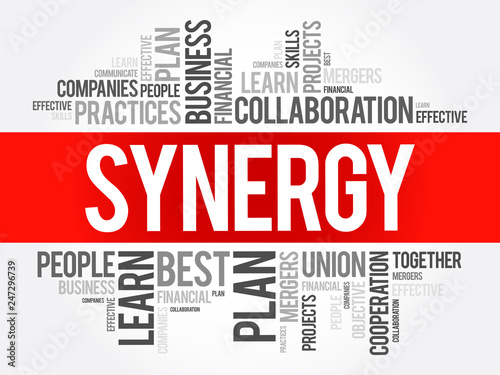 Synergy word cloud collage, business concept background