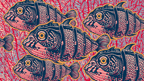 Surreal Design With Hand Drawn Fishs Cut Into Slices And Abstract Background With Coral. Vector Illustration. aspect ratio 16:9
