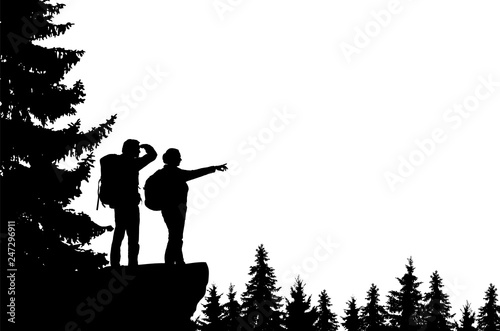 Realistic illustration of a silhouette of two tourists, men and women with backpacks. It stands on the bay in the mountains and looks into the valley of the forest - Vector