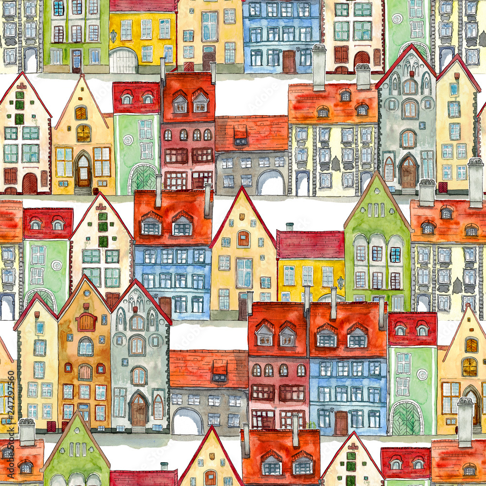 Seamless pattern of watercolor hand drawn old medieval houses, european old town street vew. Design for wallpaper, backgrounds, pacaging. Color illustration in cartoon style.