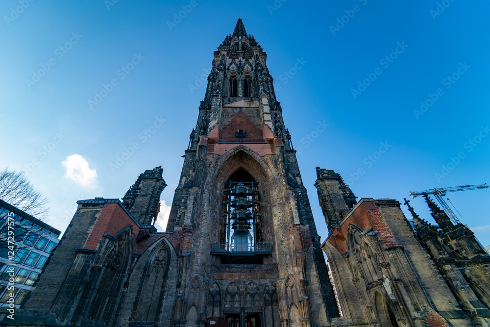 Tower of the Church of St. Nikolai in Hamburg was bombed during World War II and is now a monument against war. It is kept as a ruin.