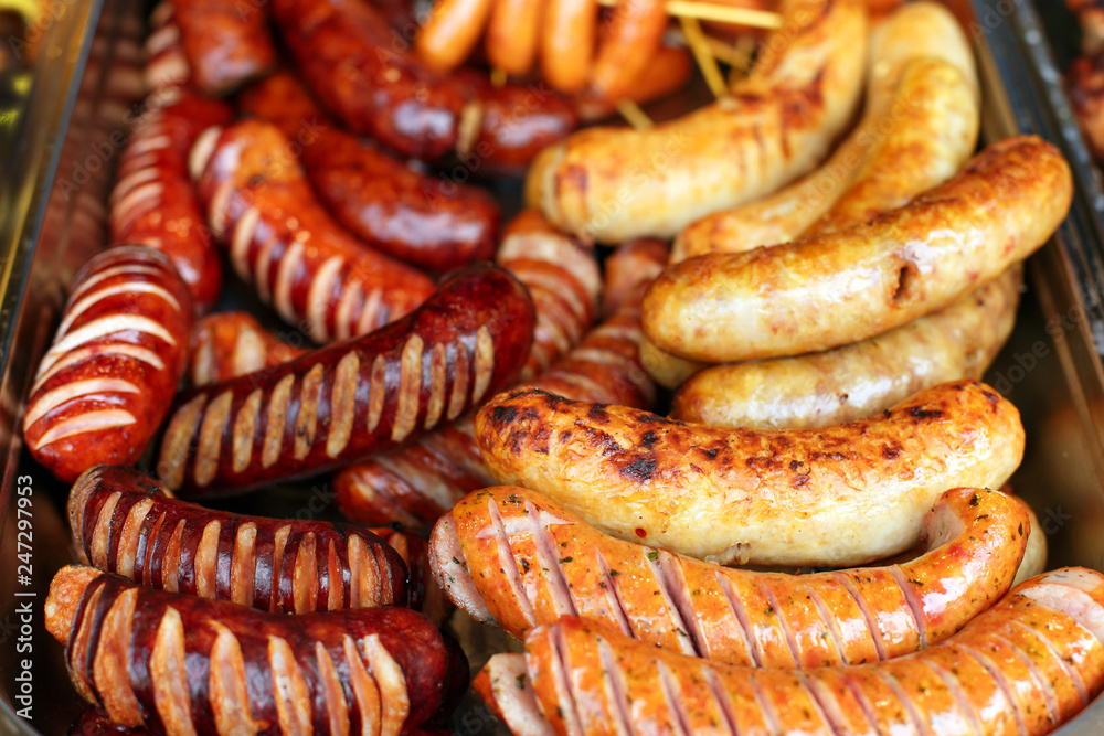 Mix grilled sausages on pan with spices, outside. Mix grilled sausages on pan with spices, outside.
