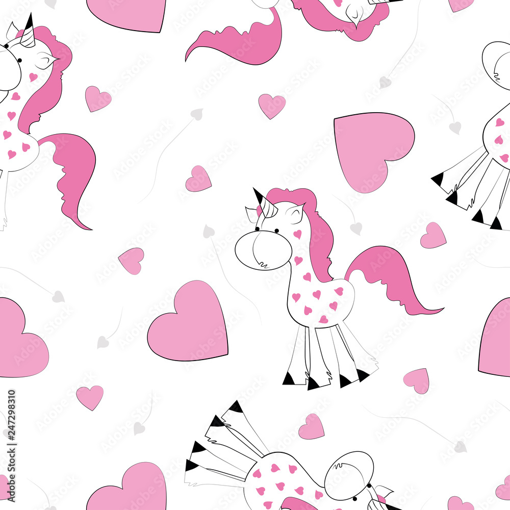 Beautiful seamless unicorn pattern. Textile graphic t-shirt print. Hand drawn unicorns background. Vector illustration. 