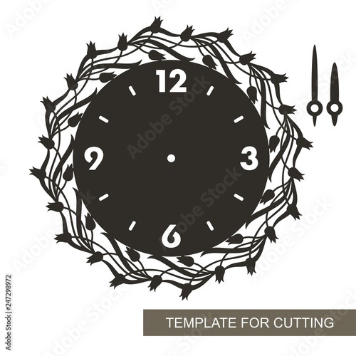 Openwork dial with arrows and arabic numerals. Silhouette of clock with buds of tulips and leaves on white background. Decor for home. Template for laser cutting, wood carving, paper cut or printing. 
