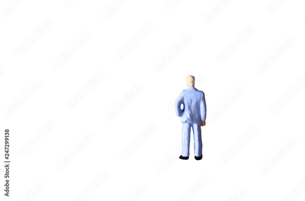 Photo Back pose miniature figure toys Businessman isolated on white for compositing use Photo Back pose miniature figure toys Businessman isolated on white for compositing use