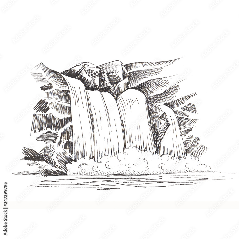 Waterfall sketch, cascade waterfall in the rocks hand-drawn illustration,  landscape with a waterfall, black and white sketch isolated on white  background for your design Stock Illustration | Adobe Stock