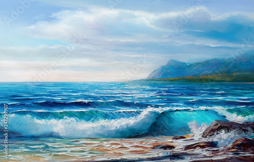 Blue, tropical sea and beach.Wave, illustration, oil painting on a canvas.