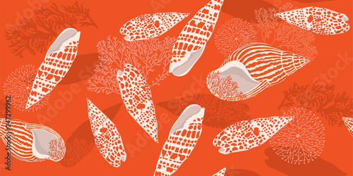 Modern seamless Pattern with natural elements. Sea shells, algae and corals on orange background. Hand-drawn vector illustration for printing, fabric, textile, manufacturing, wallpapers. 