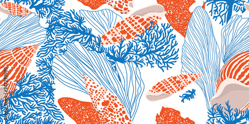 Сontemporary seamless pattern with shells, algae and corals. Hand-drawn vector illustration for printing, fabric, textile, manufacturing, wallpapers. Sea bottom