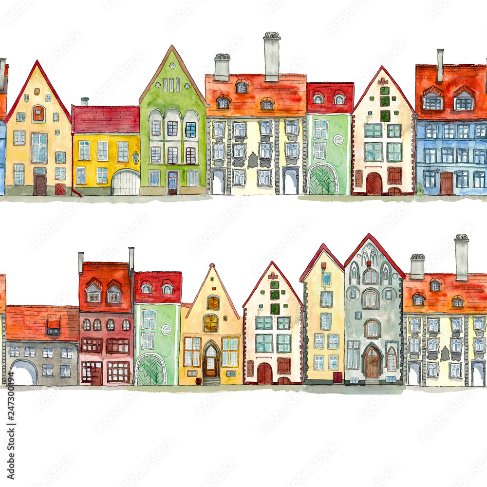 Seamless borders of watercolor hand drawn old medieval houses illustration,  european old town street vew. Design for tourists goods, backgrounds. Color illustration in cartoon style for kids books.