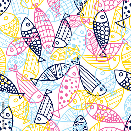 Cute fish. Cute vector line seamless pattern. Endless pattern can be used for ceramic tile, wallpaper, linoleum, textile, web page background.