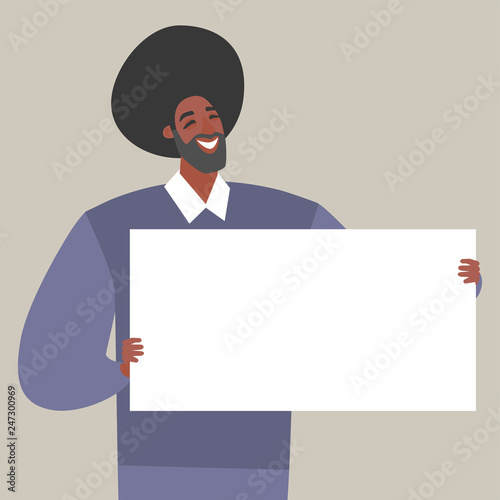 Vector illustration of a young man holding a blank paper in his hands