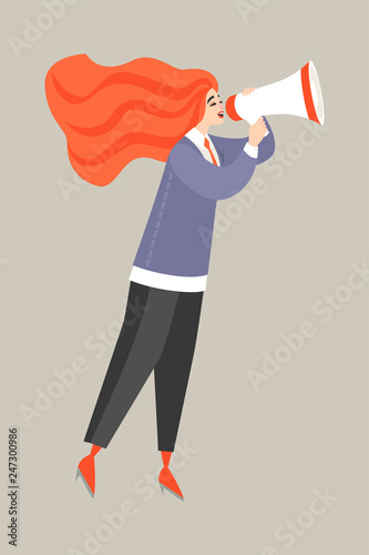 Vector illustration of a young red-haired woman talking by megaphone