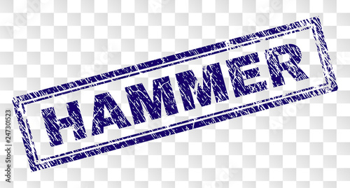 HAMMER stamp seal imprint with rubber print style and double framed rectangle shape. Stamp is placed on a transparent background. Blue vector rubber print of HAMMER label with unclean texture.