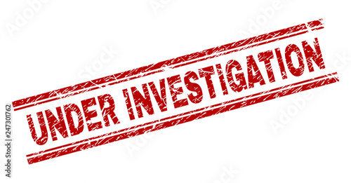 UNDER INVESTIGATION seal imprint with distress texture. Red vector rubber print of UNDER INVESTIGATION text with unclean texture. Text caption is placed between double parallel lines.