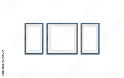 Blank photo frames mock up, three grey blue realistic wooden frameworks on white background
