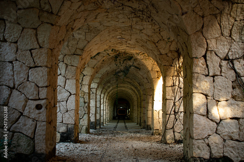 Old train stone tunnel with railway in Mexico