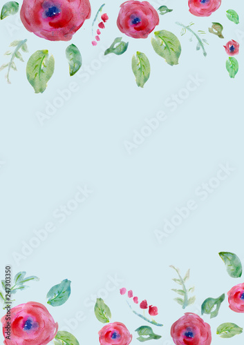 Painted watercolor composition with flowers and leaves. Frame of roses. Floral border. Can be used as invitation card for wedding, birthday, other holiday, summer background, poster, banner.