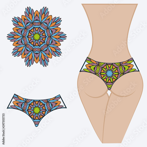 Woman panties briefs with mandala print. Flat vector iluustration. Fashion design.
