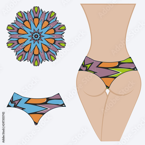 Female buttocks with panties. Decorative vector illustration. Mandala fashion print.