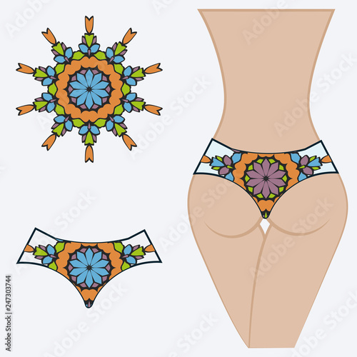 Female buttocks with panties. Decorative vector illustration. Mandala fashion print.