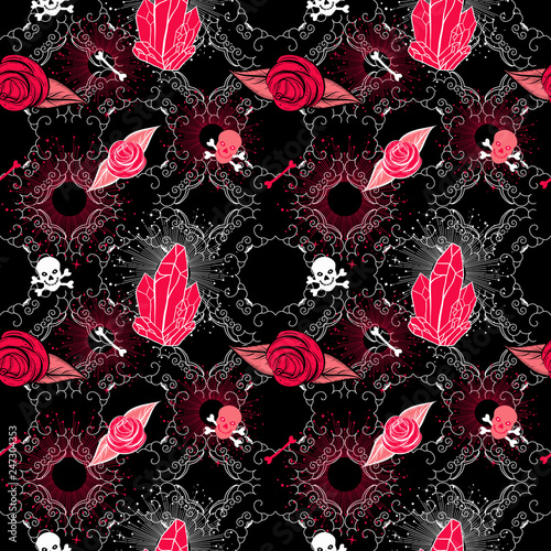 Cute girly rock n roll seamless pattern.Hard Rock and Heavy Metal subculture music textile fashion design.
