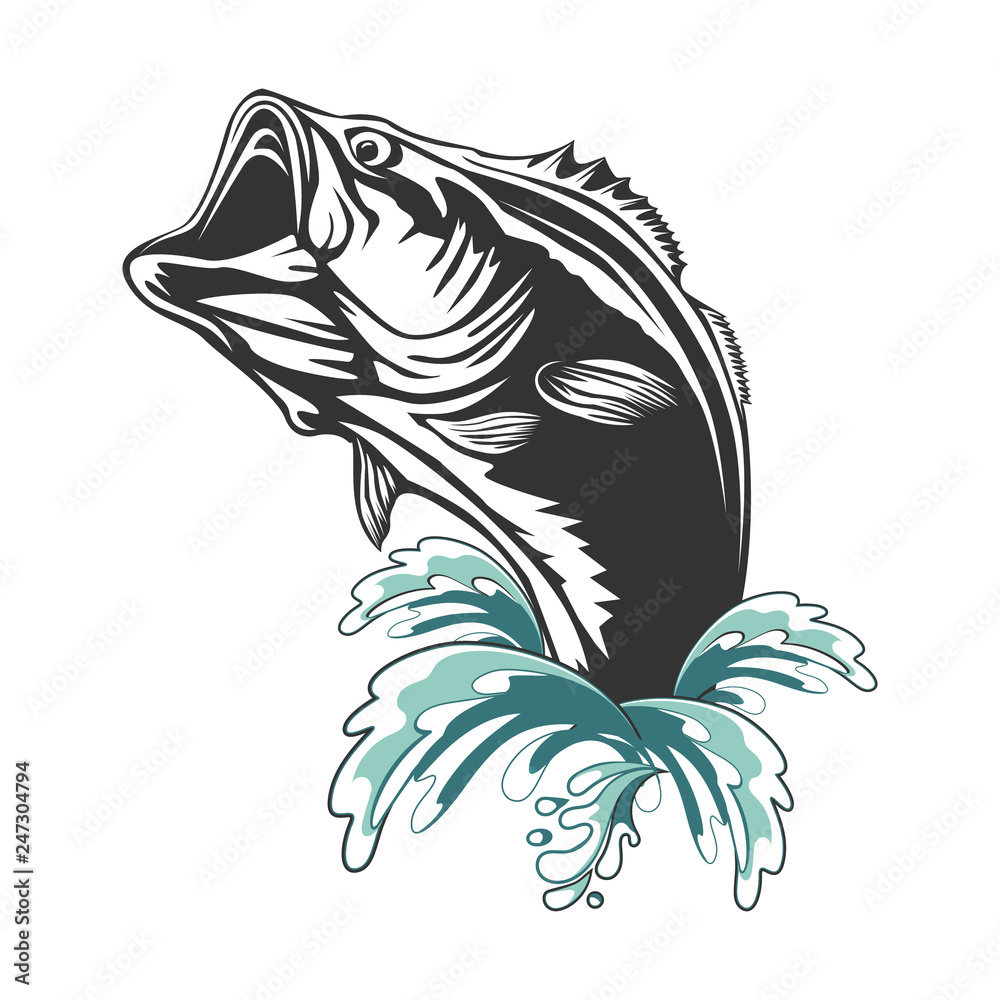 Fishing bass logo. Bass fish with rod club emblem. Fishing theme  illustration. Fish Isolated on white. vector de Stock