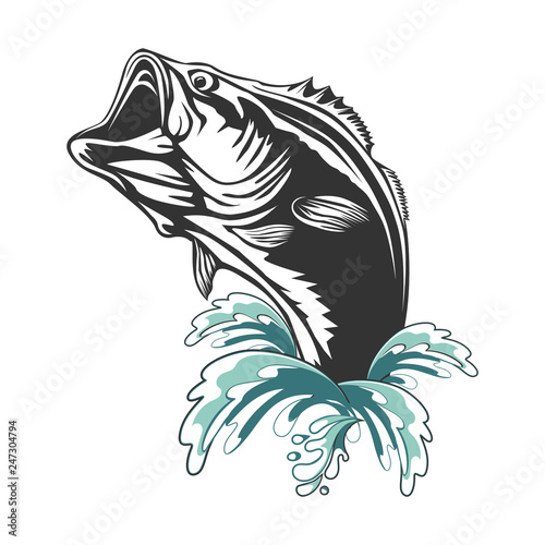 Fishing bass logo. Bass fish with rod club emblem. Fishing theme illustration. Fish Isolated on white.