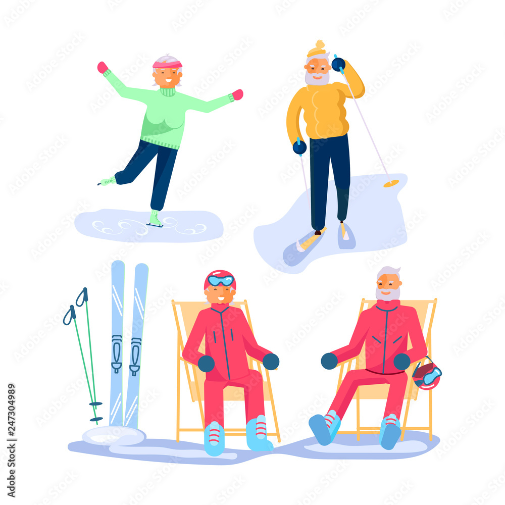 Obraz premium Elderly people characters on relaxes on a ski resort