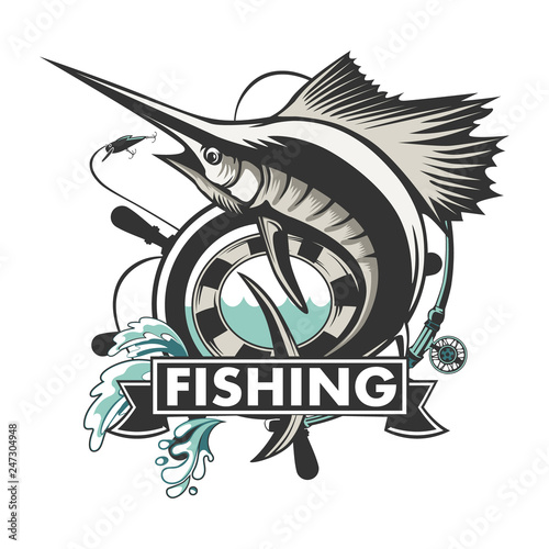Marlin fish logo.Sword fish fishing emblem for sport club. Angry marlin fishing background theme vector illustration.