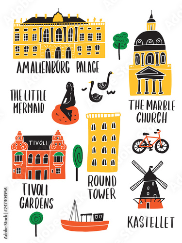 Set of copenhagen attractions in doodle style. Made in vector.
