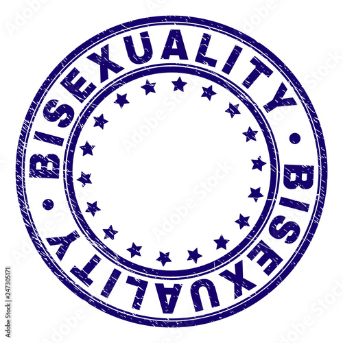 BISEXUALITY stamp seal watermark with distress texture. Designed with circles and stars. Blue vector rubber print of BISEXUALITY label with retro texture.