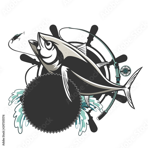 Tuna big fishing logo illustration. Tuna fish fishing vector emblem. Blue fin fish marine theme. Angry fish.