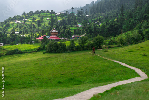 A Temple in Green meadows in himalayas, Great Himalayan National Park, Sainj Valley, Himachal Pradesh, India photo