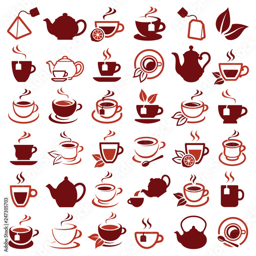 Tea icon collection - vector outline illustration and silhouette