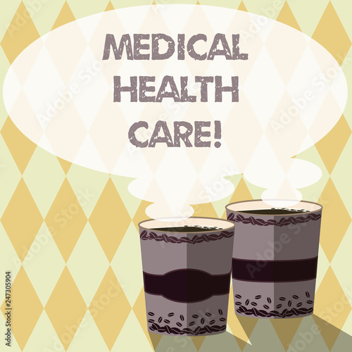 Word writing text Medical Health Care. Business concept for maintenance or improvement via prevention diagnosis Two To Go Cup with Beverage and Steam icon Blank Speech Bubble photo
