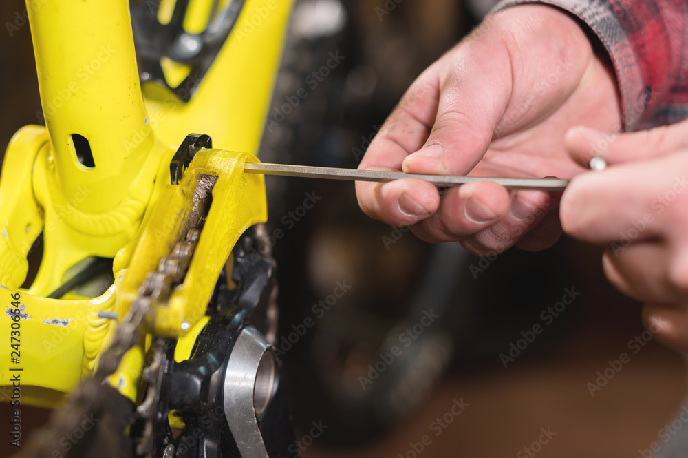 Closeup maintenance of a mountain bike. Male hands adjust the chain