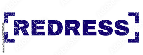 REDRESS label seal print with grunge texture. Text label is placed inside corners. Blue vector rubber print of REDRESS with unclean texture.