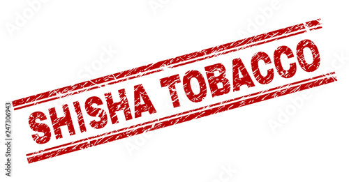 SHISHA TOBACCO seal stamp with corroded texture. Red vector rubber print of SHISHA TOBACCO caption with corroded texture. Text title is placed between double parallel lines.