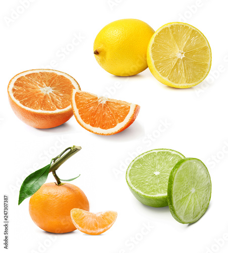 The composition of different citrus. Orange, lemon, lime, tangerine. White isolated background.