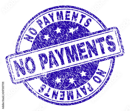 NO PAYMENTS stamp seal watermark with distress texture. Designed with rounded rectangles and circles. Blue vector rubber print of NO PAYMENTS caption with dirty texture.