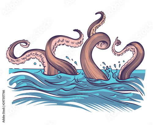 Octopus tentacle in sea. Underwater ocean invertebrate monster