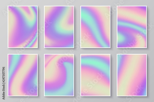 Hologram textures. Iridescent holographic backgrounds. Trendy hipster rainbow vector posters on wall. Illustration of rainbow pattern card illustration